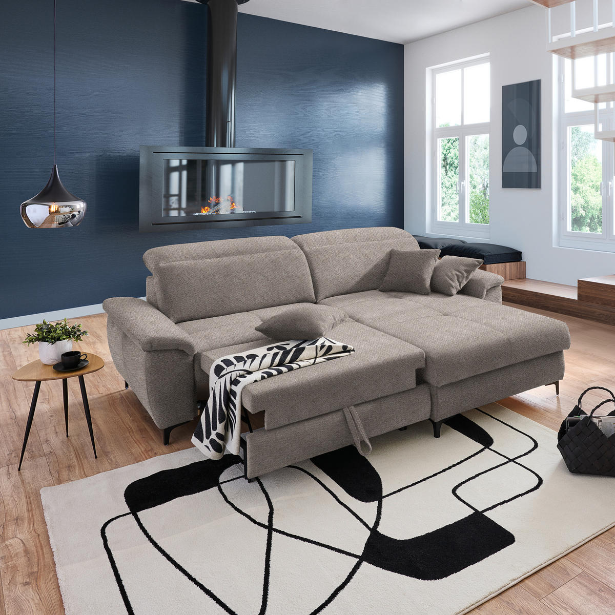 ECKSOFA in Chenille Braun  - Schwarz/Braun, Design, Textil/Metall (185/256cm) - Stylife