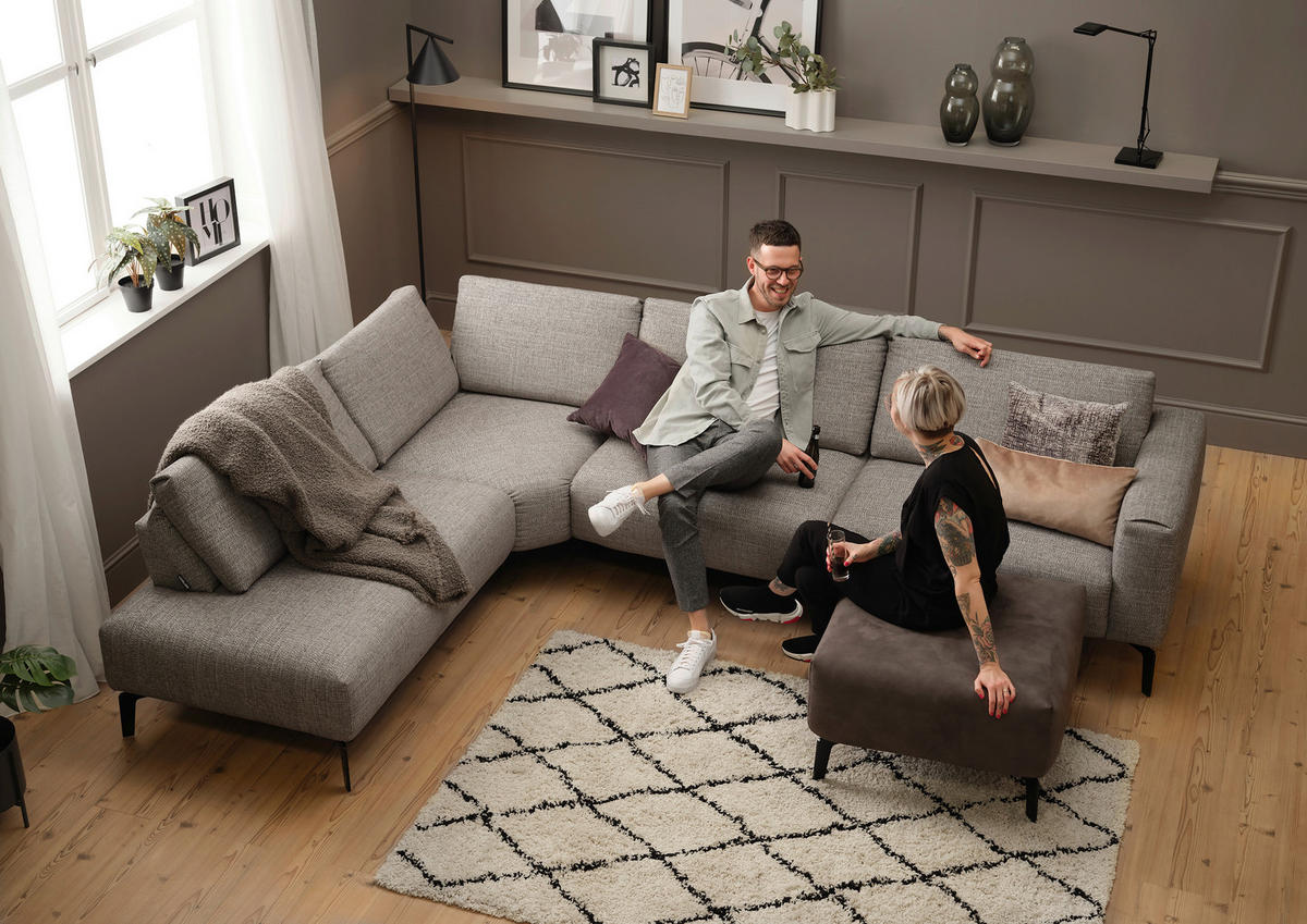 ECKSOFA in Samt Sandfarben  213/296 cm  - Sandfarben/Schwarz, Design, Textil/Metall (213/296cm) - SENSOO
