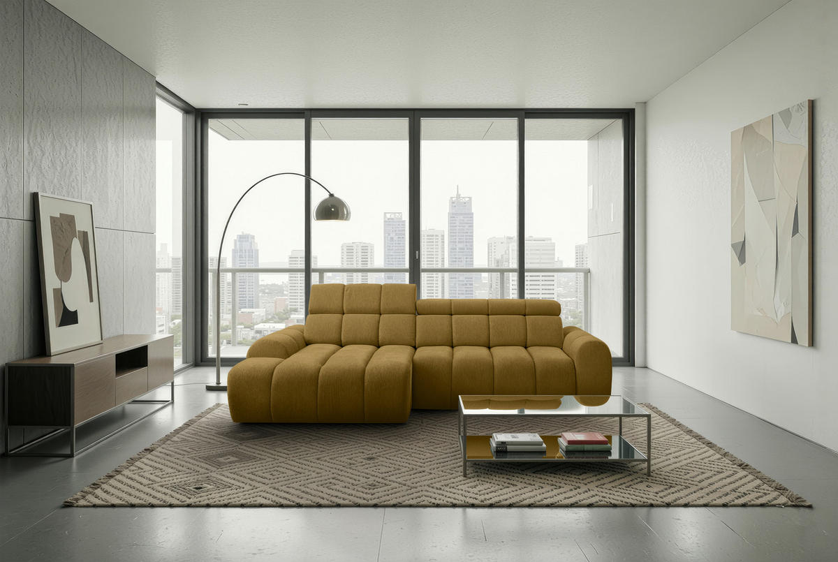 ECKSOFA Gelb Chenille Bettkasten, Rücken echt, Relaxfunktion, Kopfteilverstellung  - Gelb/Schwarz, Design, Kunststoff/Textil (152/290cm) - Stylife