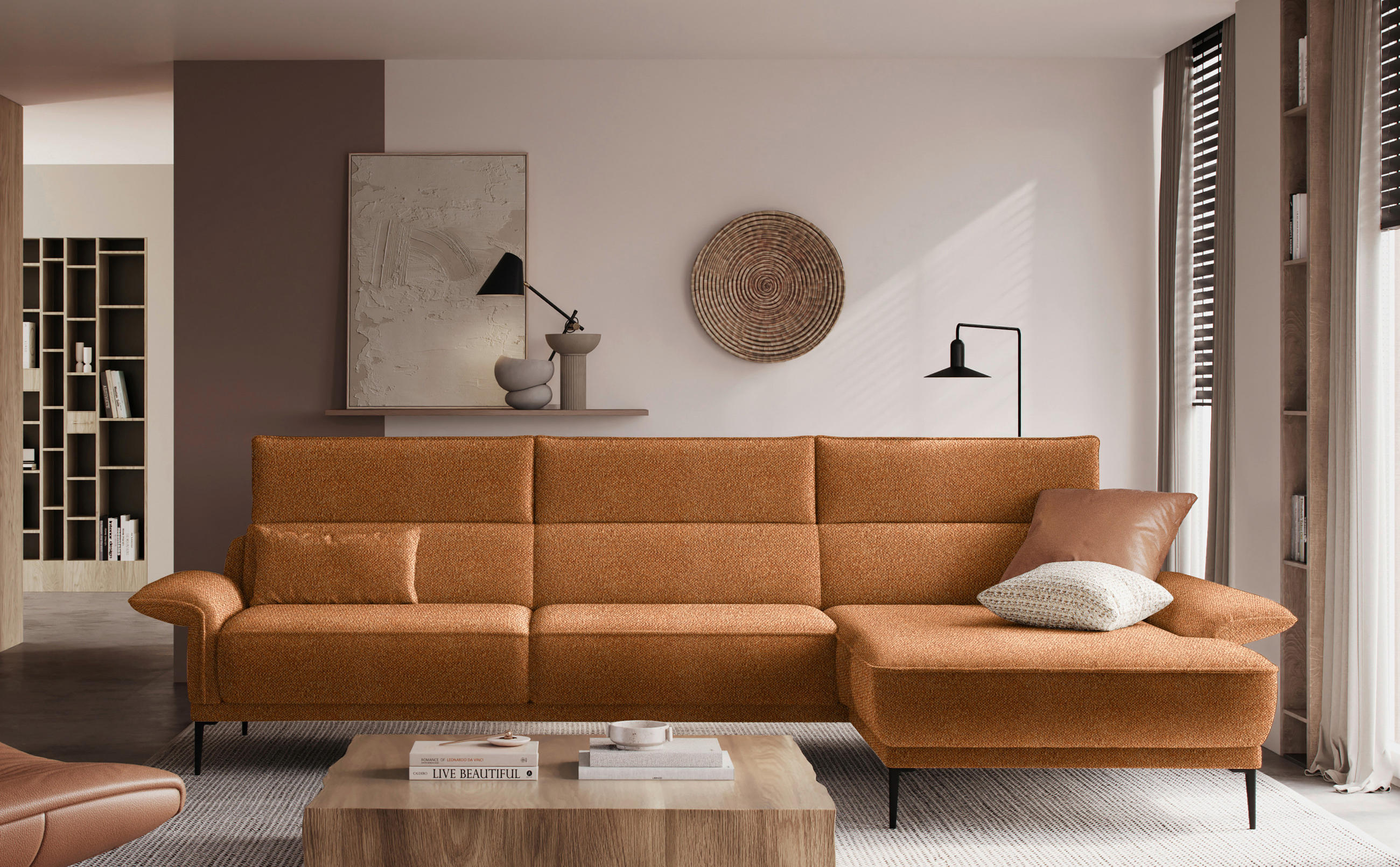 ECKSOFA in Bouclé Cognac  - Cognac/Schwarz, Design, Textil/Metall (330/186cm) - Johann Jakob