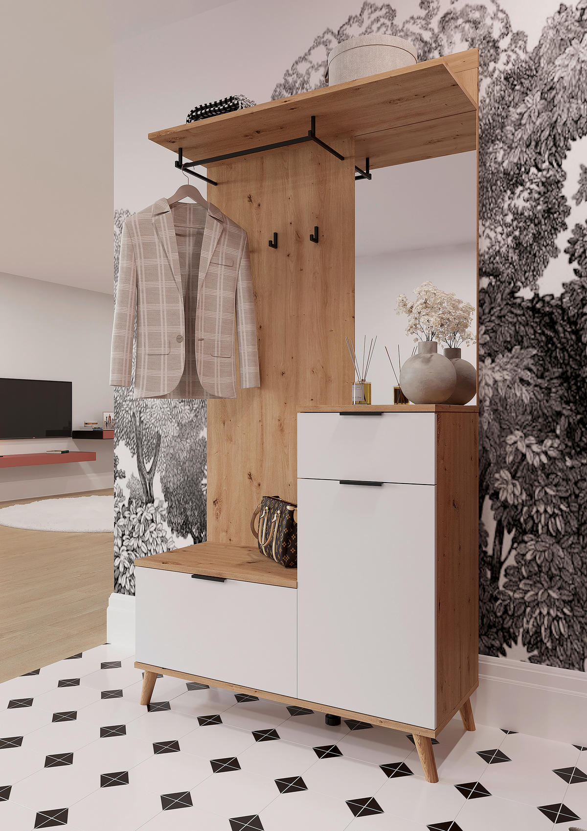 HALLMÖBEL  i 100/202/40 cm  - vit/ek Artisan, Design, trämaterial/glas (100/202/40cm) - home24