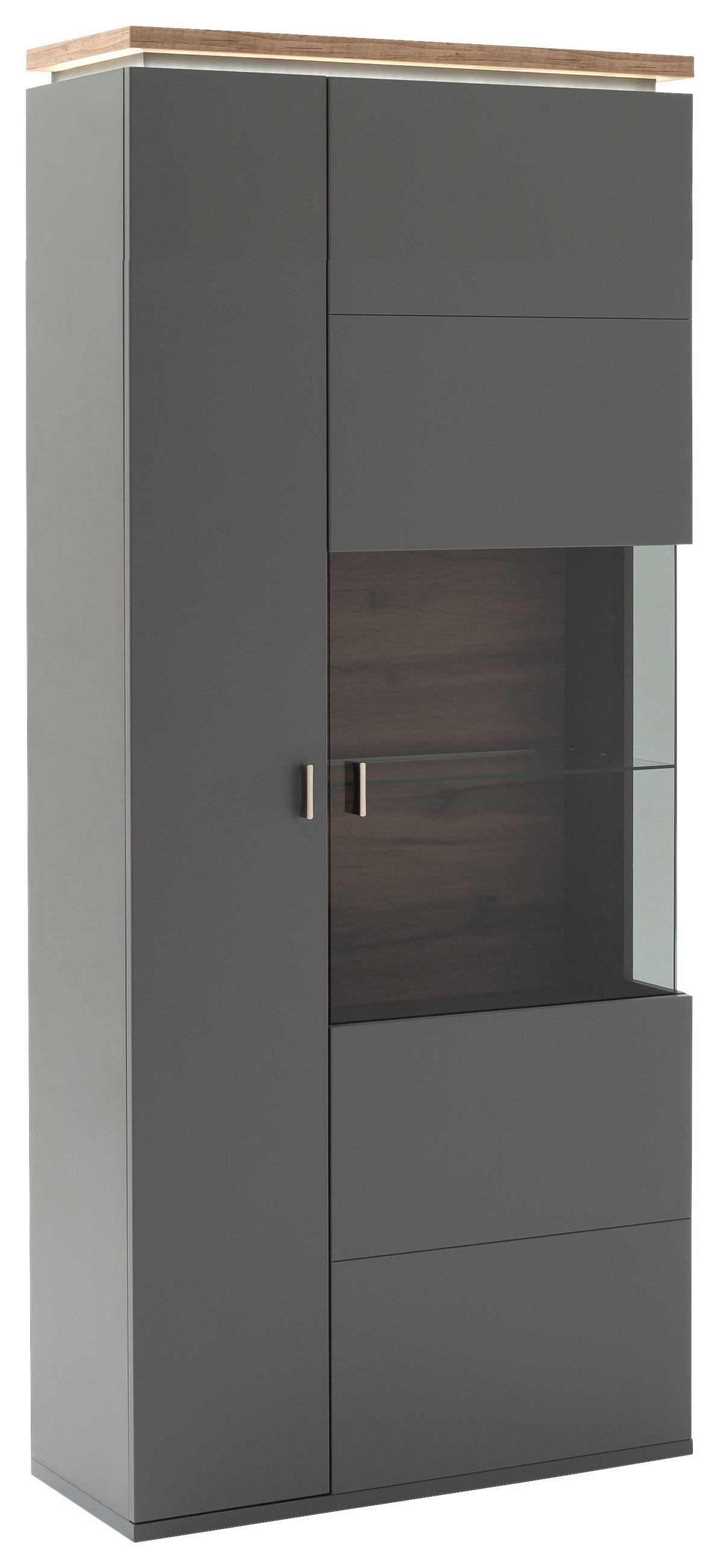 VITRINE Neapel Grau, Eiche Wotan  90/208/37 cm  - Eiche Wotan/Grau, Design, Glas/Holzwerkstoff (90/208/37cm) - Stylife