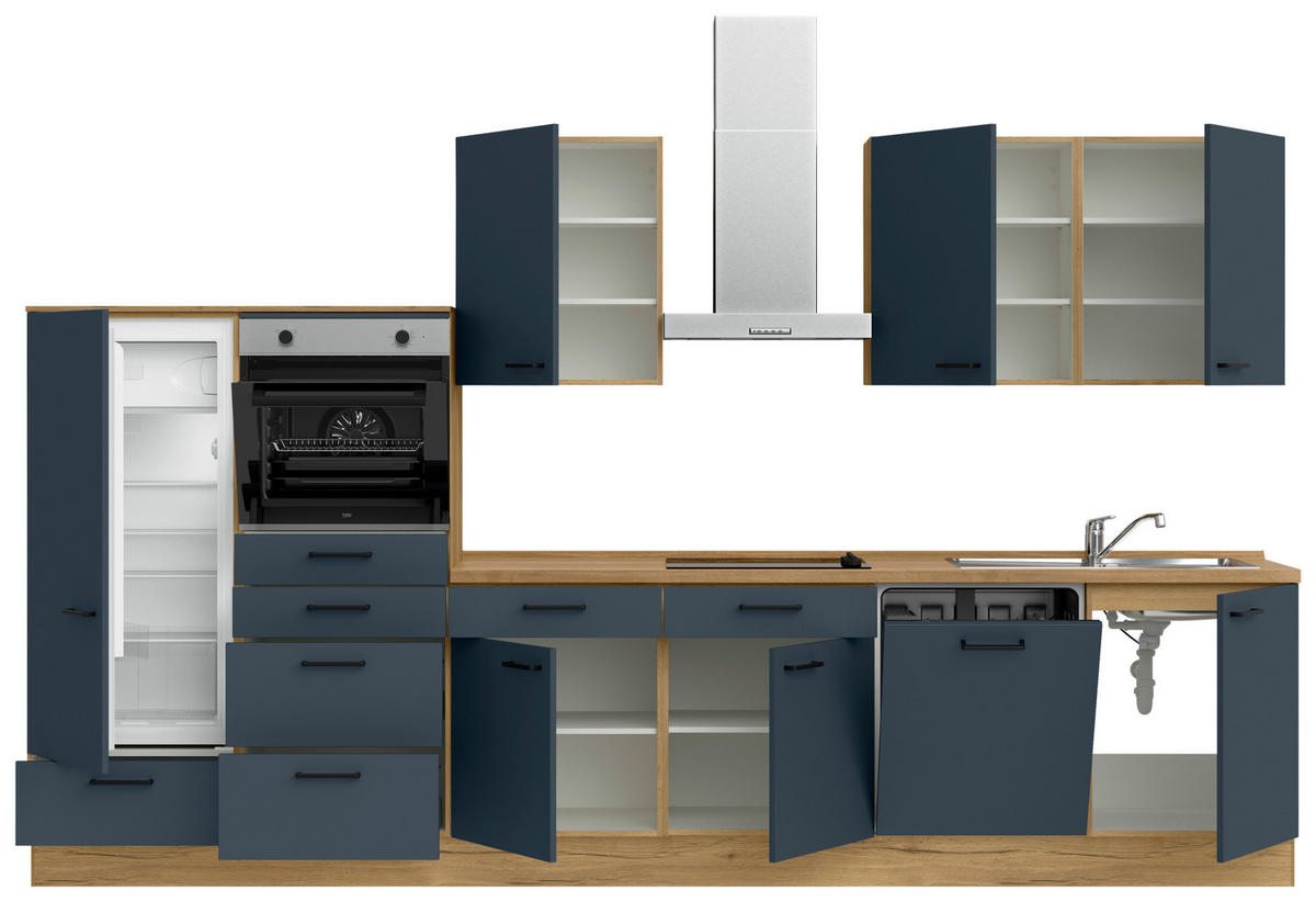 KÜCHENBLOCK 360 cm   in Eichefarben, Dunkelblau  - Eichefarben/Schwarz, MODERN, Holzwerkstoff/Metall (360cm) - Nobilia