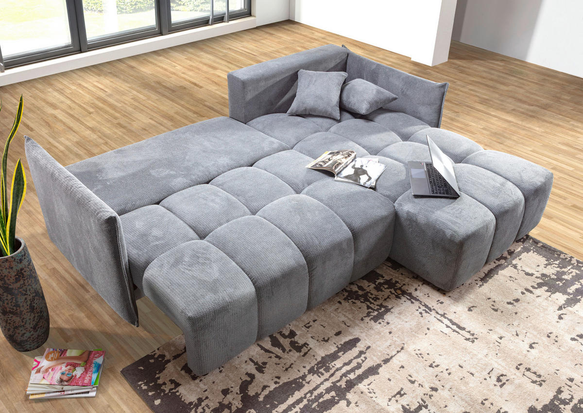 ECKSOFA Grau Plüsch Zierkissen, Rückenkissen, Bettkasten, Schlaffunktion, Rücken echt, Liegefläche im Originalstoff  - Schwarz/Grau, KONVENTIONELL, Kunststoff/Textil (253/192cm) - Carryhome