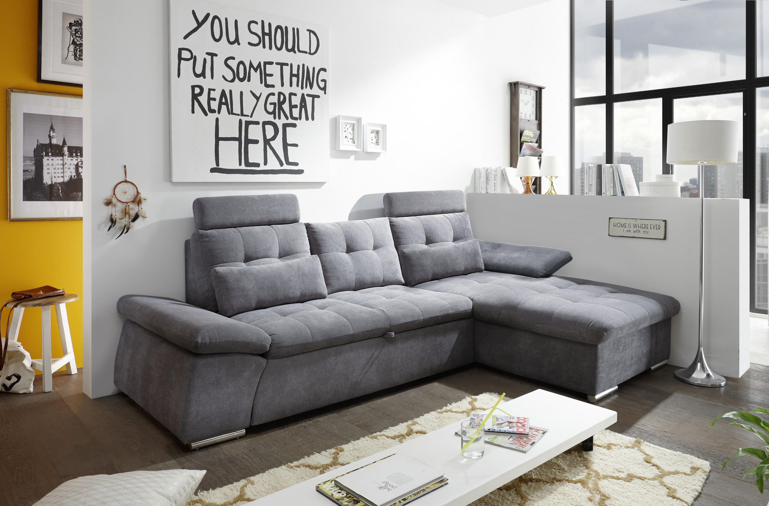ECKSOFA Dunkelgrau Mikrovelours  - Dunkelgrau/Silberfarben, KONVENTIONELL, Kunststoff/Textil (268/170cm) - MID.YOU
