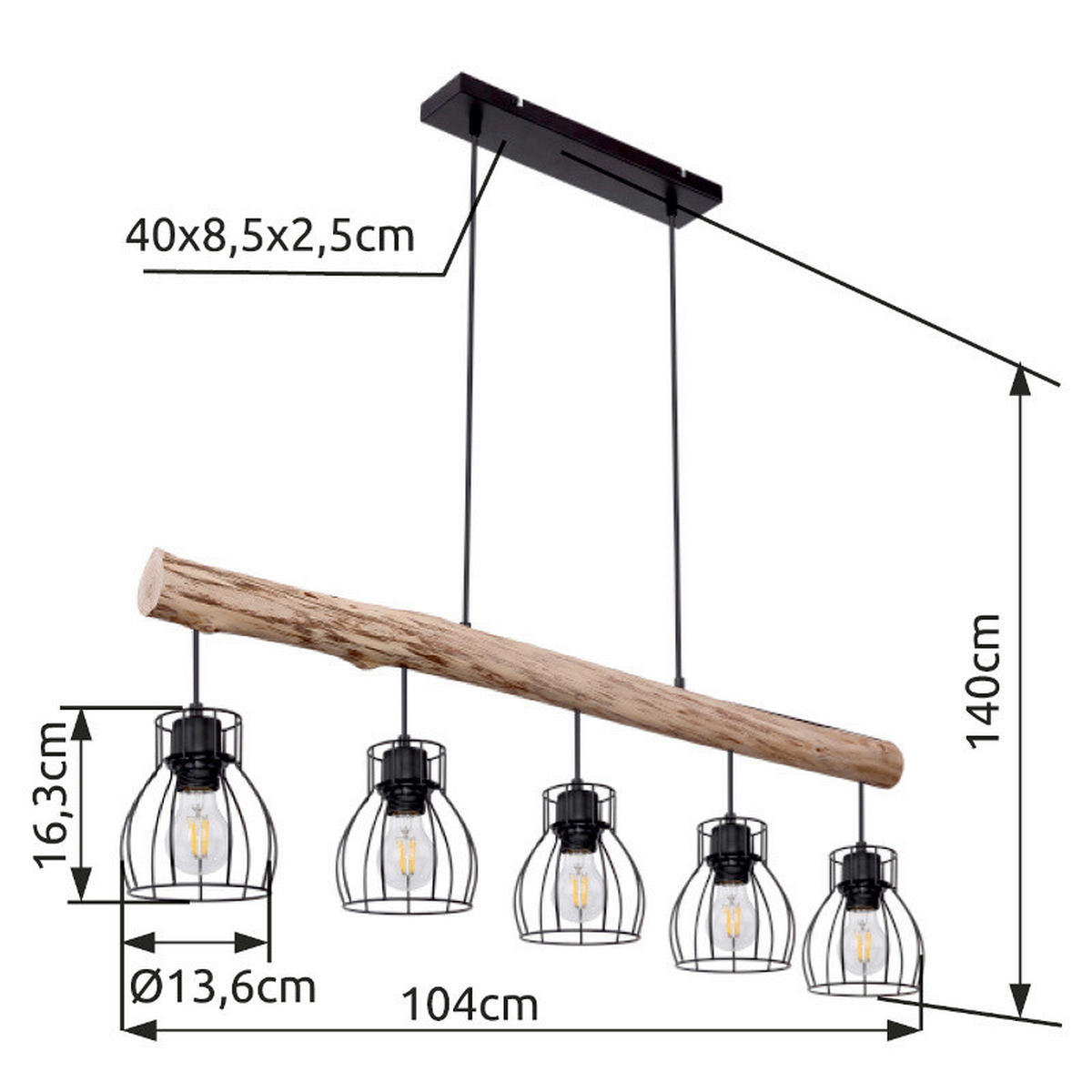ZÁVĚSNÉ SVÍTIDLO, 104/13,6/140 cm  - černá/přírodní barvy, Basics, kov/dřevo (104/13,6/140cm) - Novel