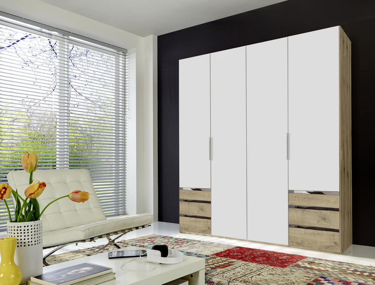 DREHTÜRENSCHRANK 200/216/58 cm 4-türig Weiß, Eichefarben  - Chromfarben/Eichefarben, MODERN, Holzwerkstoff/Kunststoff (200/216/58cm) - MID.YOU
