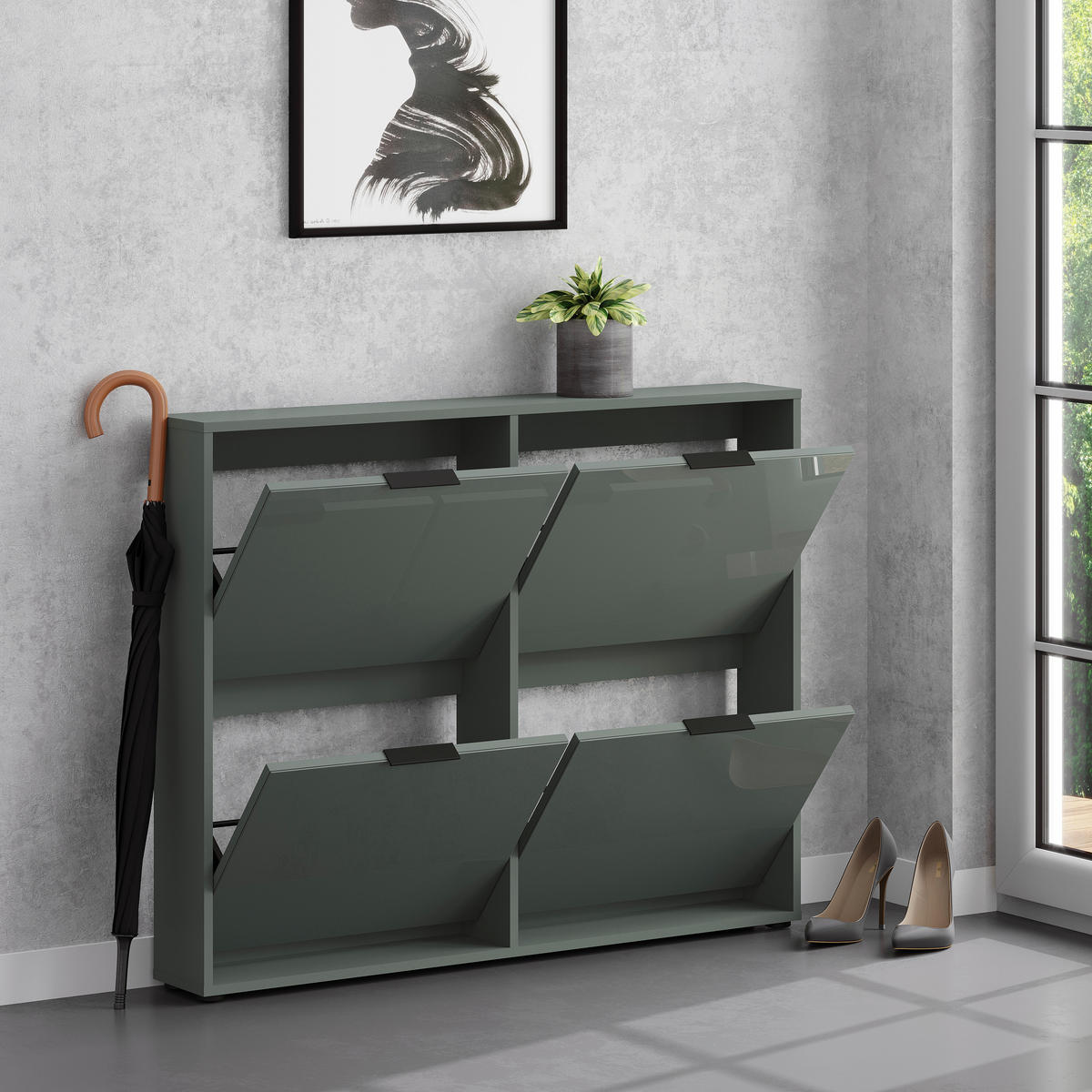 SCHUHKIPPER - Salbeigrün/Schwarz, MODERN, Glas/Holzwerkstoff (118/93/17cm) - Boxxx