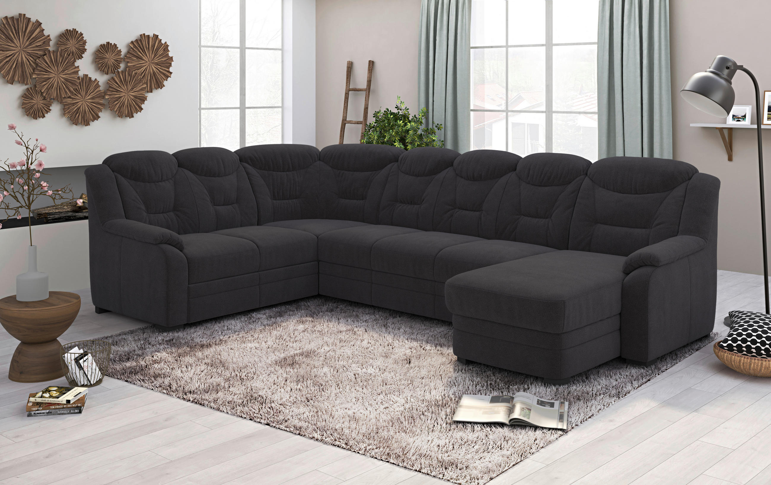 WOHNLANDSCHAFT in Chenille Schwarz  - Schwarz, Basics, Kunststoff/Textil (211/330/162cm) - MID.YOU