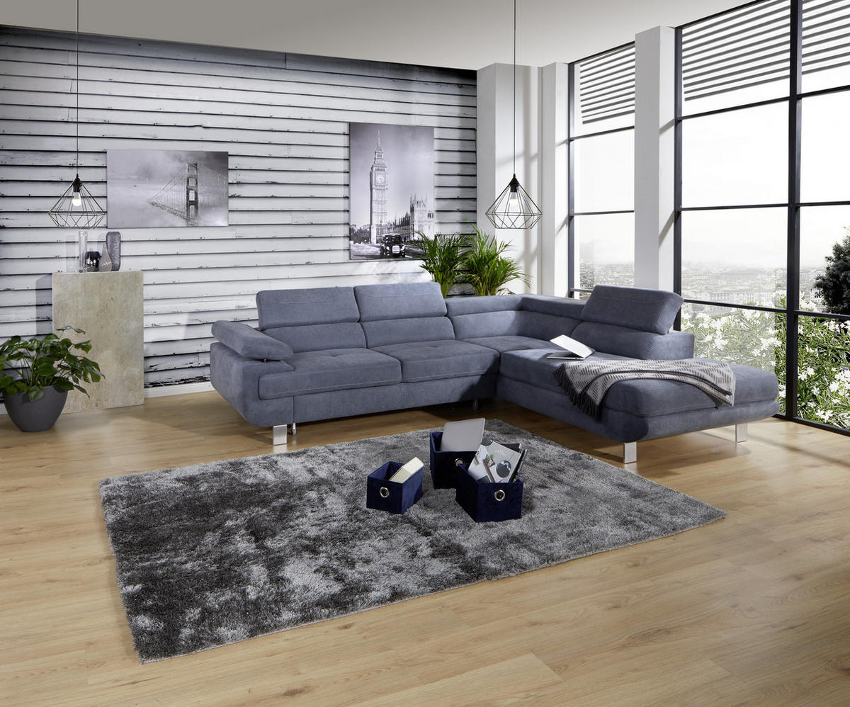 HÖRNSOFFA i dräll blågrå  - blågrå, Modern, metall/textil (270/230cm) - Ondega