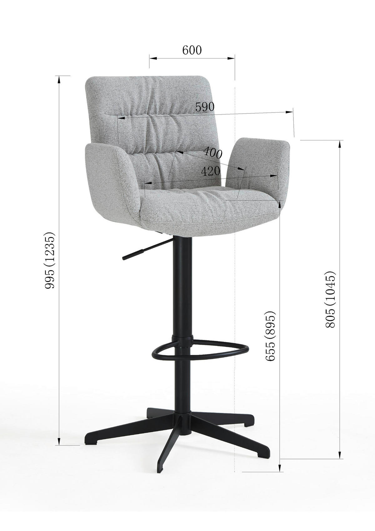 BARHOCKER Leinenoptik Schwarz, Hellgrau Stahl Sitzfläche 360° drehbar  - Hellgrau/Schwarz, Design, Textil/Metall (58/125/57cm) - Dieter Knoll