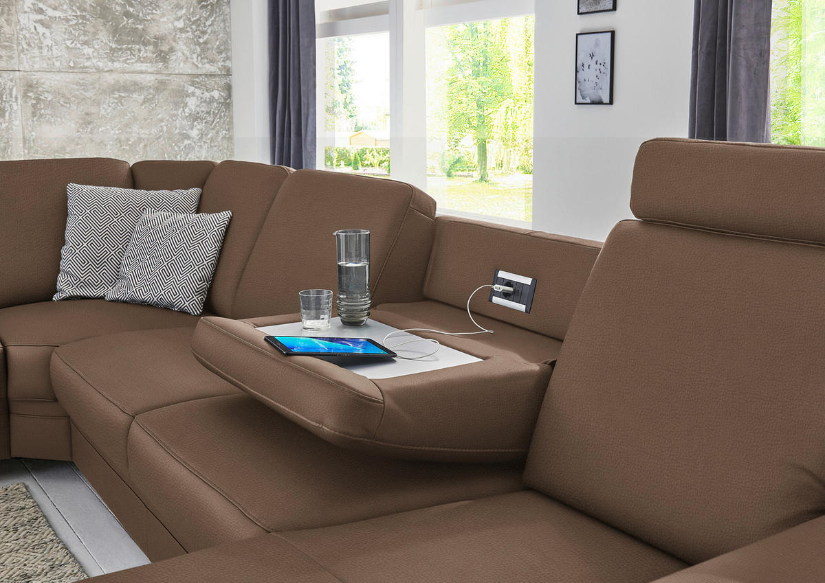 WOHNLANDSCHAFT  in Echtleder Graubraun  - Graubraun/Alufarben, KONVENTIONELL, Leder/Metall (239/329/165cm) - Beldomo Premium