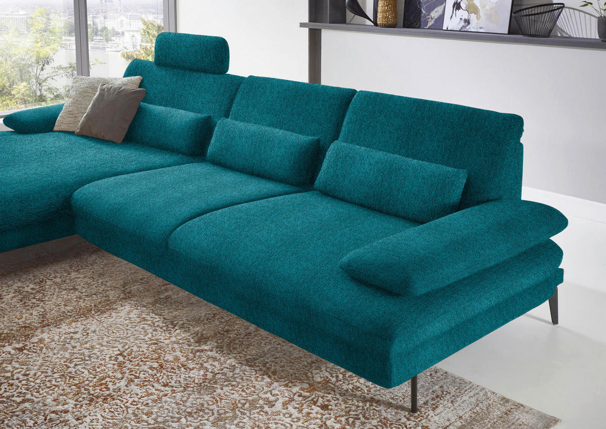 ECKSOFA in Chenille Petrol  - Petrol/Schwarz, Design, Textil/Metall (180/310cm) - Dieter Knoll