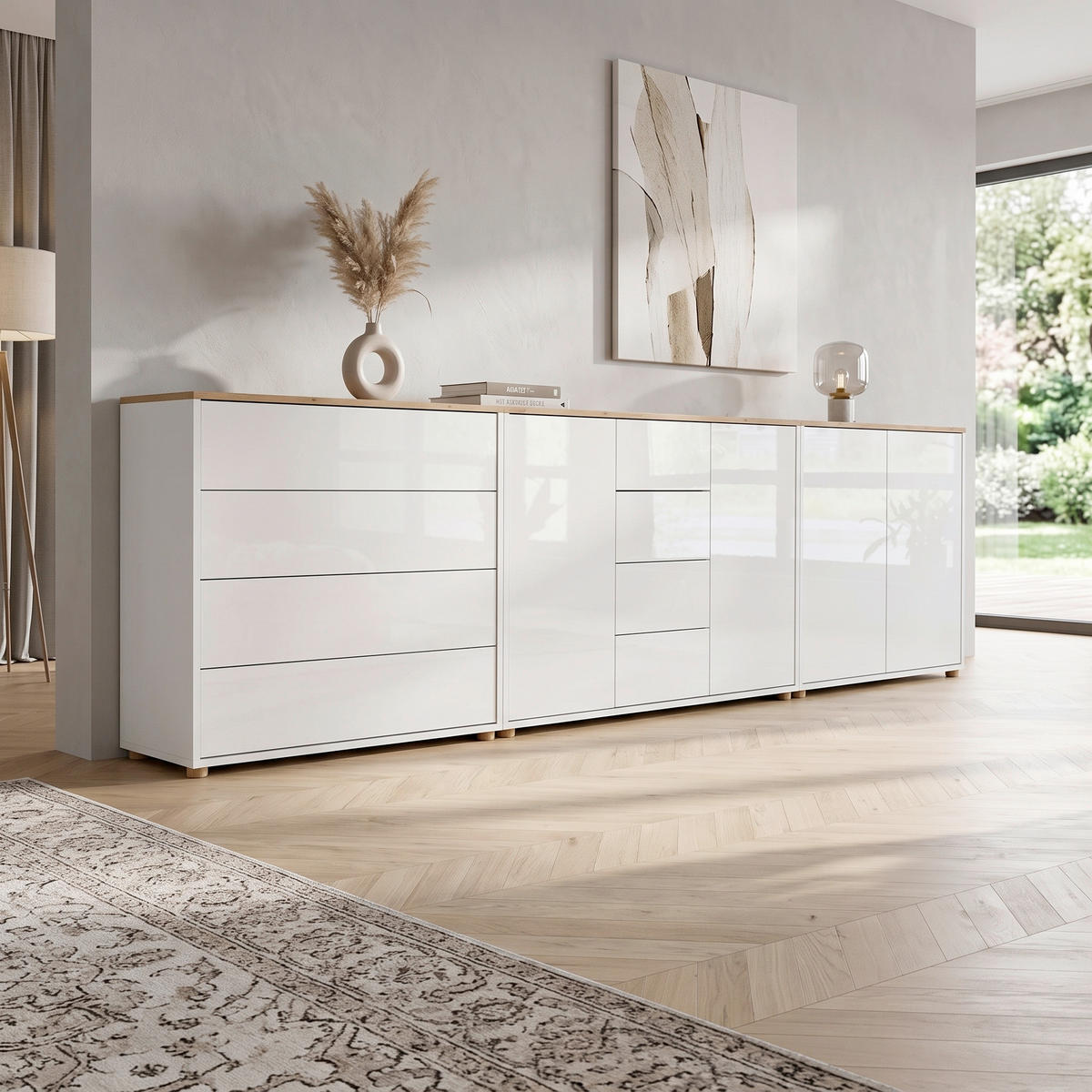 SIDEBOARD Mailand Set 11 263,5/73/33 cm 8 Schublade(n)  - Weiß Hochglanz/Schwarz, MODERN, Holzwerkstoff/Kunststoff (263,5/73/33cm) - MID.YOU