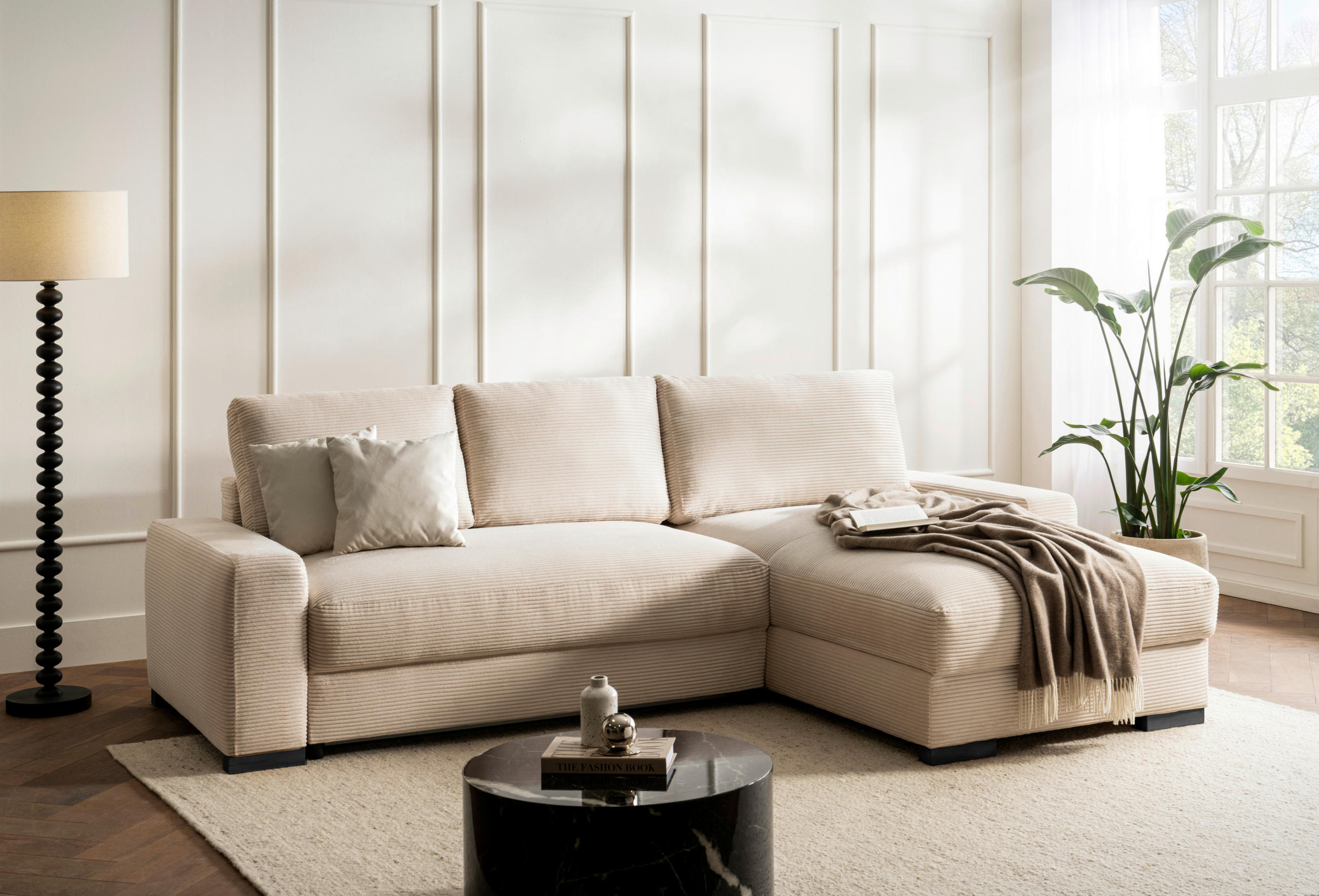 ECKSOFA in Cord Creme  - Creme/Schwarz, Design, Holz/Textil (264/184cm) - Stylife