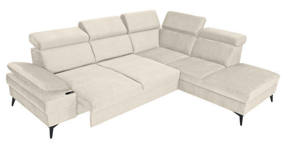 ECKSOFA Greige Flachgewebe Rücken echt, Kopfteilverstellung, Sitzvorzug  - Greige/Schwarz, MODERN, Textil/Metall (258/210cm) - Landscape