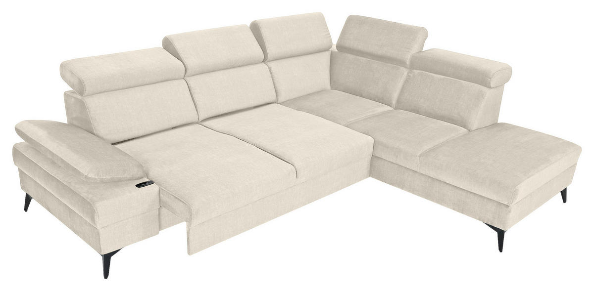 ECKSOFA Greige Flachgewebe Rücken echt, Kopfteilverstellung, Sitzvorzug  - Greige/Schwarz, MODERN, Textil/Metall (258/210cm) - Landscape