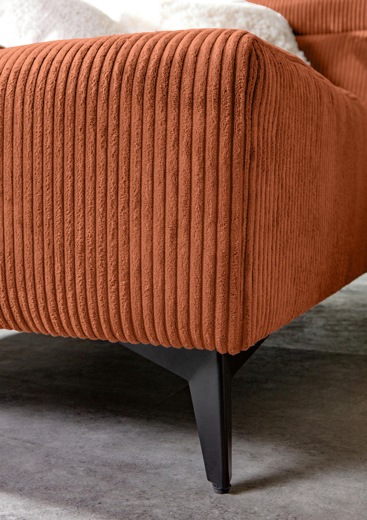ECKSOFA Rostfarben Cord Rücken echt, Kopfteilverstellung, Sitzvorzug  - Rostfarben/Schwarz, KONVENTIONELL, Textil/Metall (170/257cm) - Carryhome