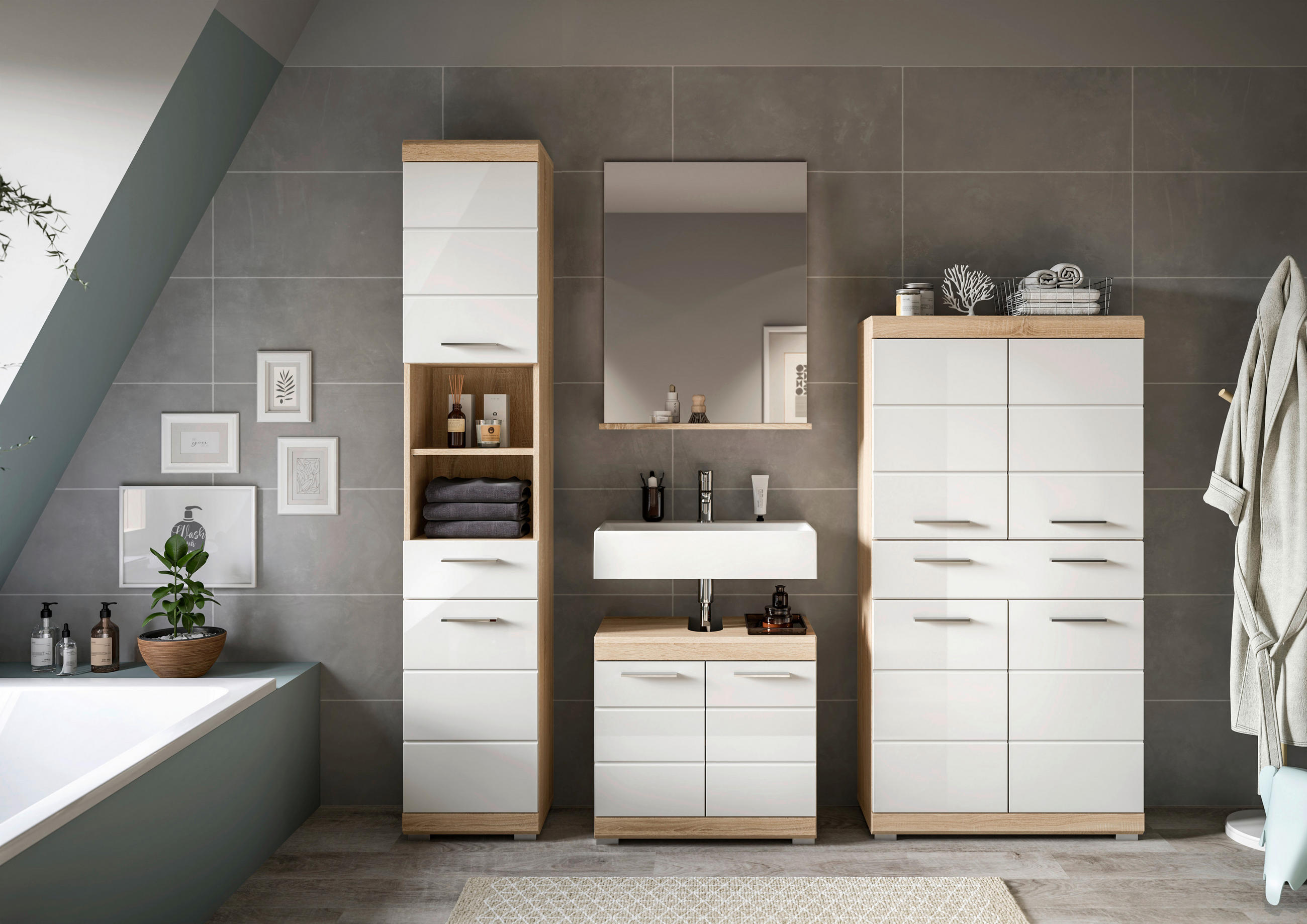 BADEZIMMER 4-teilig  in 171 cm  - Weiß Hochglanz/Silberfarben, MODERN, Glas/Holzwerkstoff (171cm) - MID.YOU