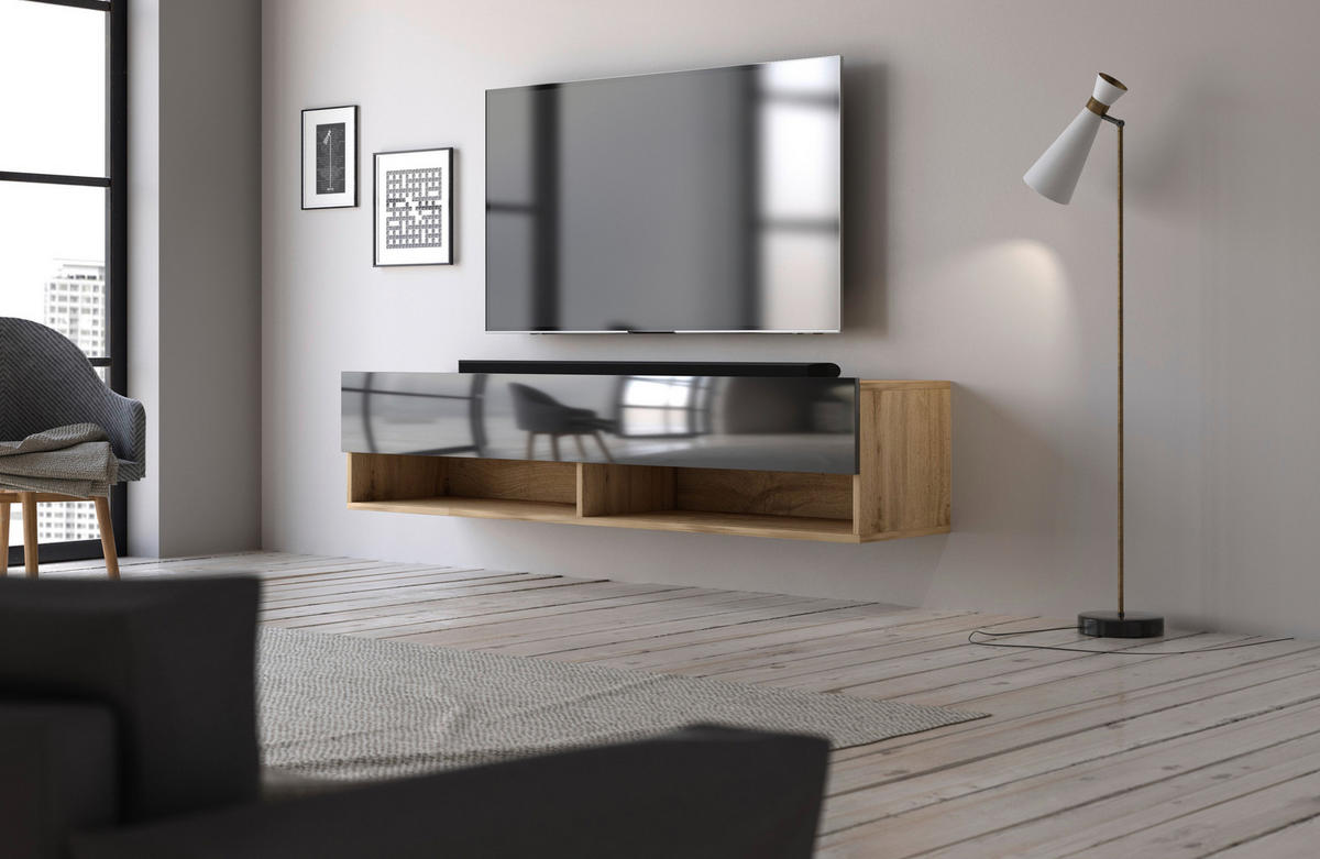 LOWBOARD DERBY  in 140/31,5/32,5 cm  - Schwarz Hochglanz/Eiche Wotan, Design, Holzwerkstoff (140/31,5/32,5cm) - Livetastic