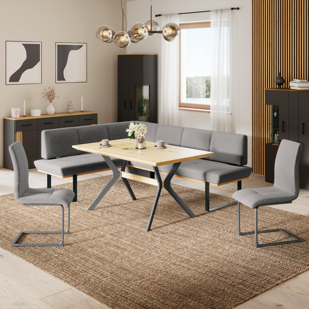 ECKBANK 175/225 cm Webstoff Grau Eiche vollmassiv   - Schwarz/Grau, MODERN, Holz/Textil (175/225cm) - Livetastic