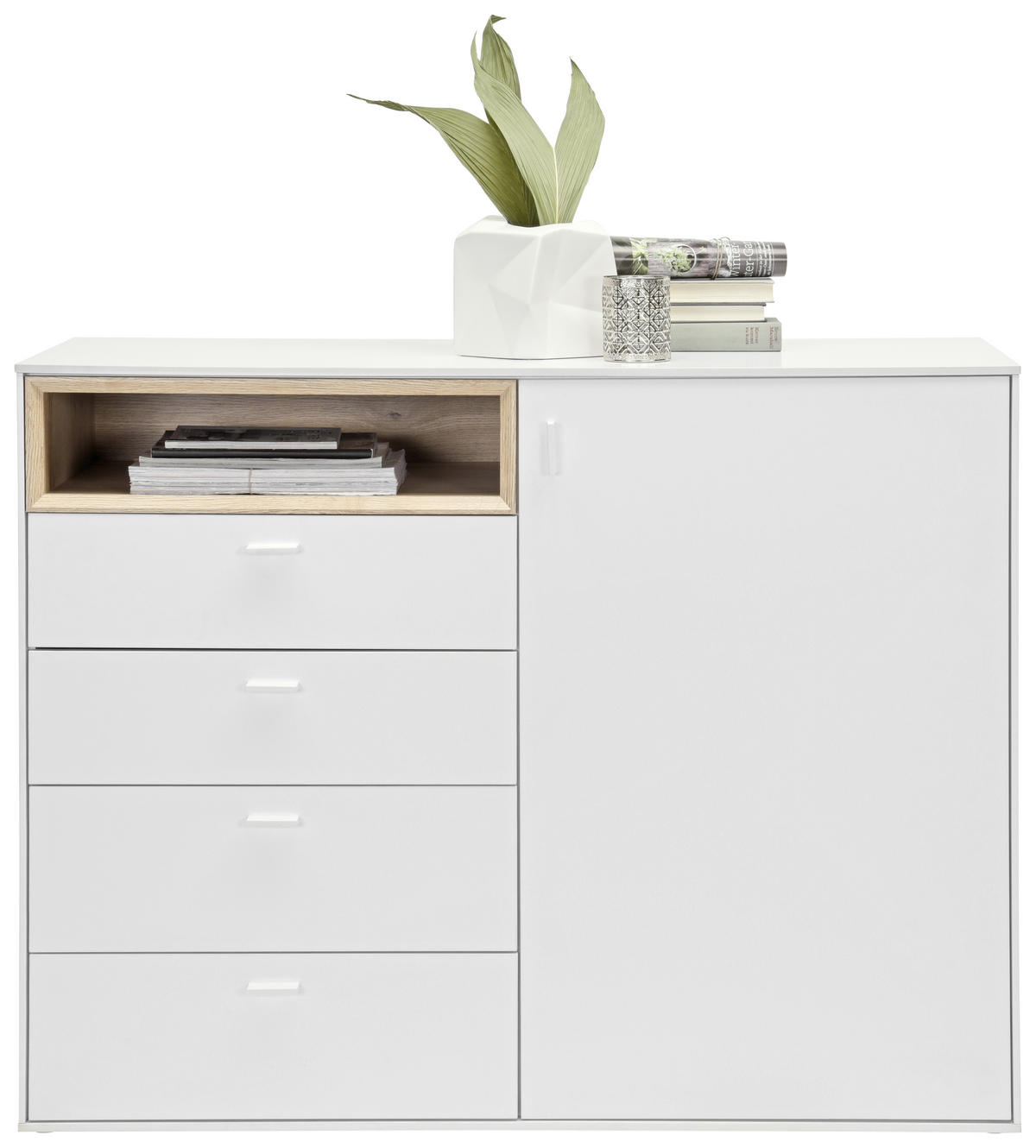 KOMODA, bílá, barvy dubu, 121/92,8/43 cm - bílá/barvy stříbra, Design, kompozitní dřevo/plast (121/92,8/43cm) - Hom`in