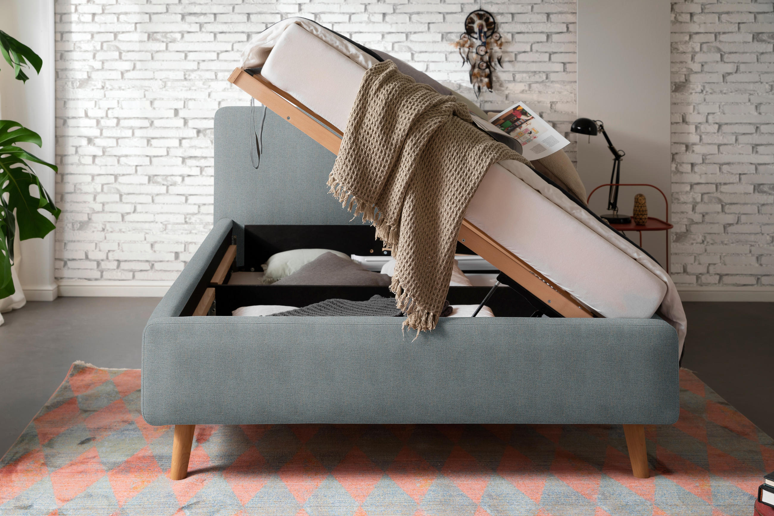 POLSTERBETT Lattenrost, Bettkasten 140/200 cm  in Türkis  - Türkis/Eichefarben, Design, Holz/Textil (140/200cm) - Xora