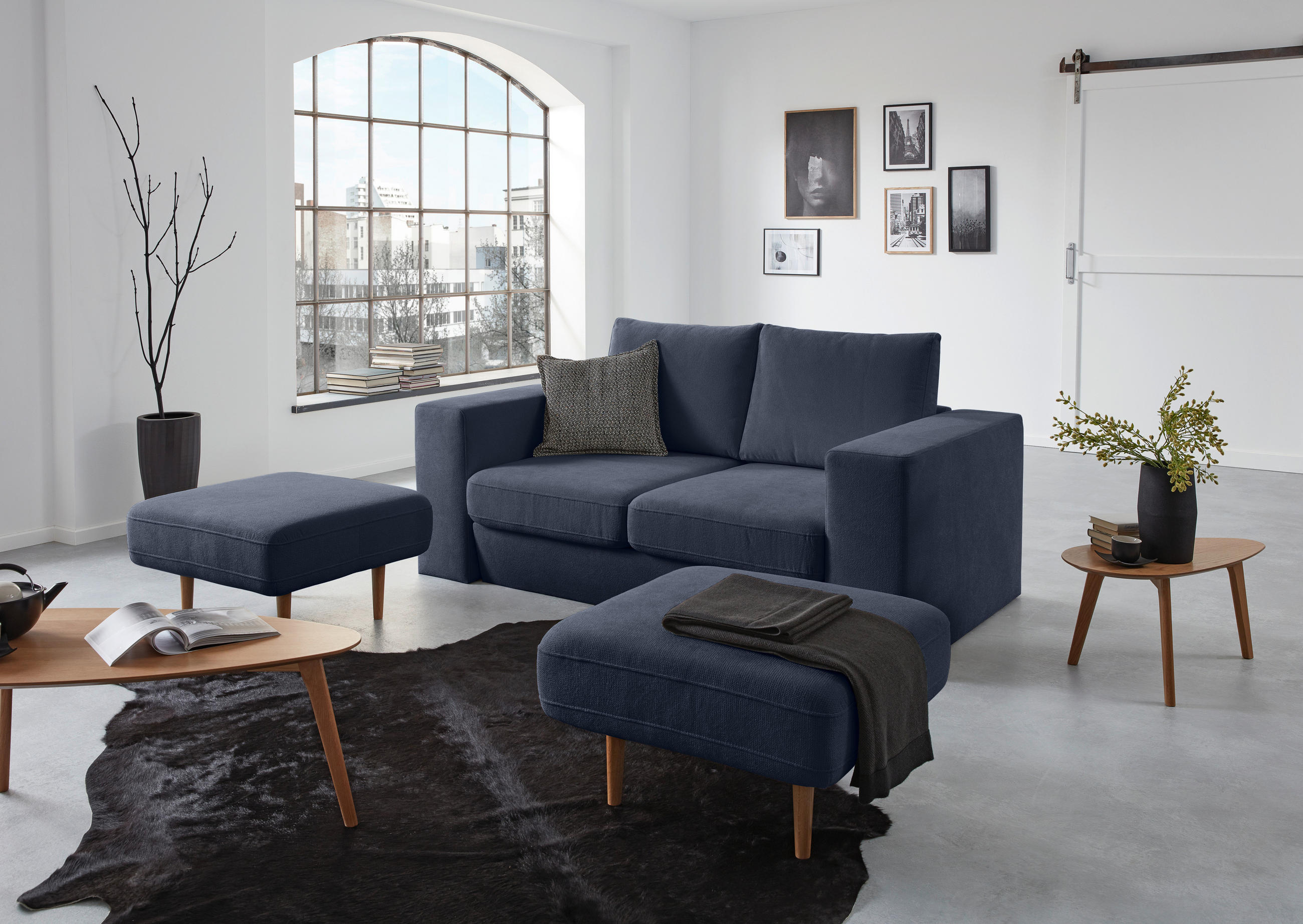 ZWEISITZER-SOFA inkl. Hocker Webstoff Dunkelblau  - Schwarz/Dunkelblau, Design, Kunststoff/Textil (172/96/107cm) - LOOKS by W.Joop