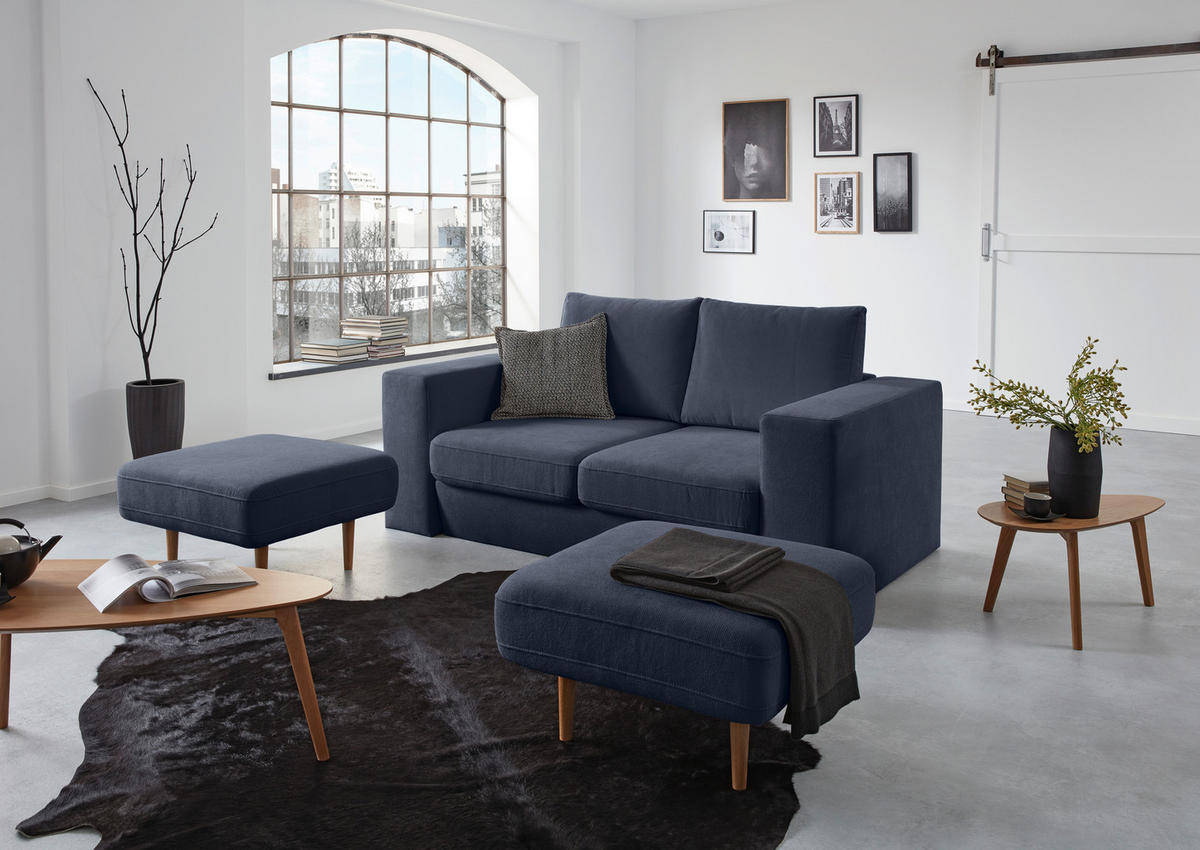 ZWEISITZER-SOFA inkl. Hocker Webstoff Dunkelblau  - Schwarz/Dunkelblau, Design, Kunststoff/Textil (172/96/107cm) - LOOKS by W.Joop