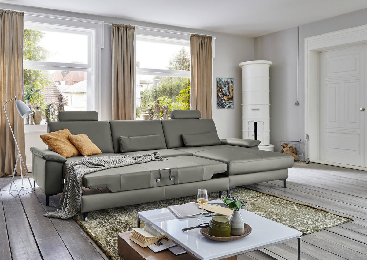 ECKSOFA in Echtleder Grau  - Schwarz/Grau, Design, Leder/Metall (334/176cm) - Dieter Knoll