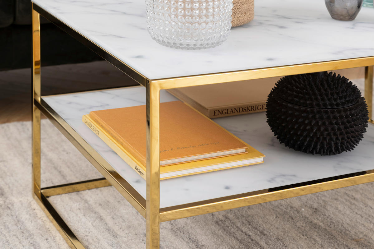 COUCHTISCH in Metall, Glas 90/60/45 cm  - Goldfarben/Weiß, Trend, Glas/Metall (90/60/45cm) - MID.YOU