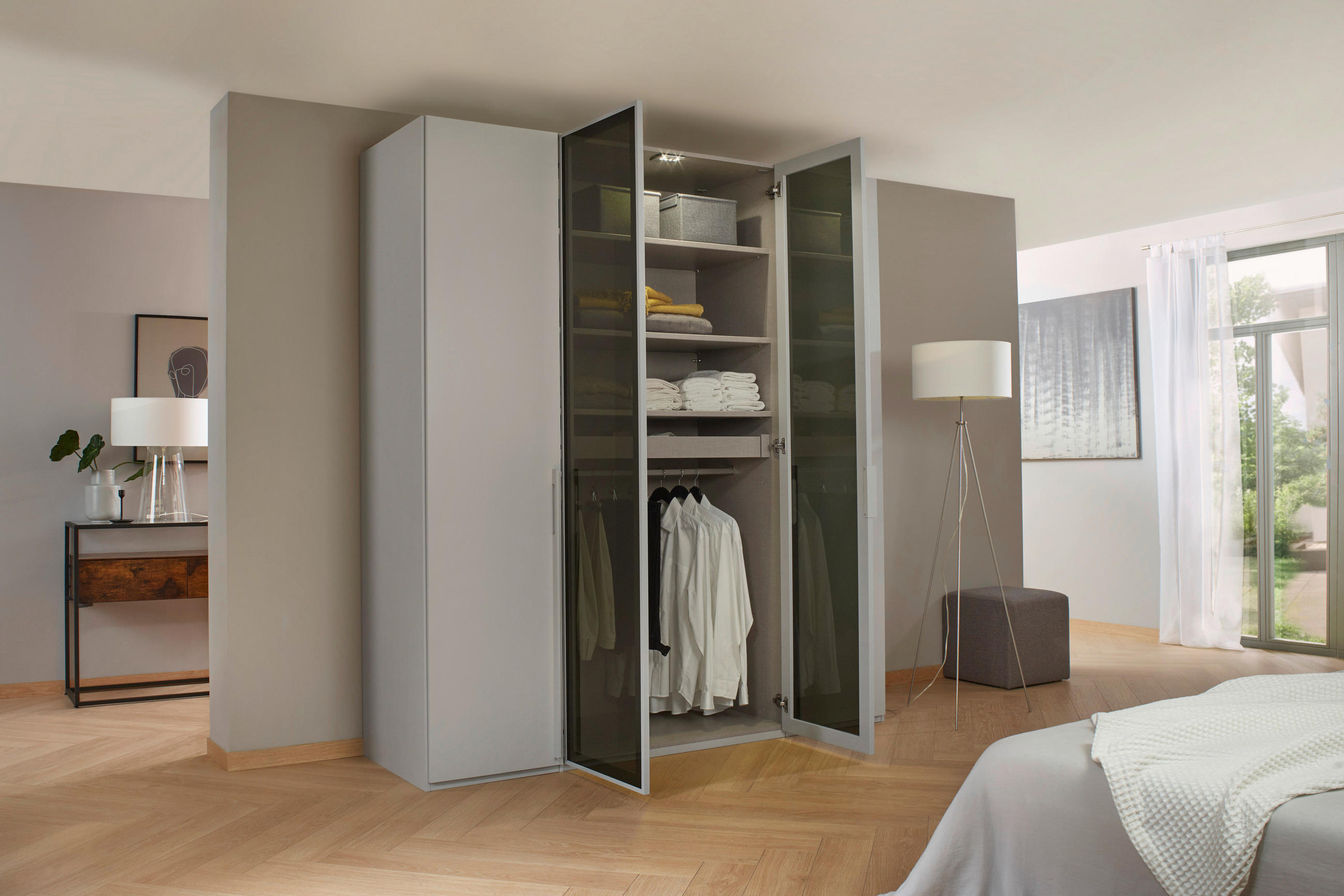 DREHTÜRENSCHRANK in Grau, Hellgrau  - Hellgrau/Grau, Trend, Glas/Holzwerkstoff (201/223/60cm) - Novel