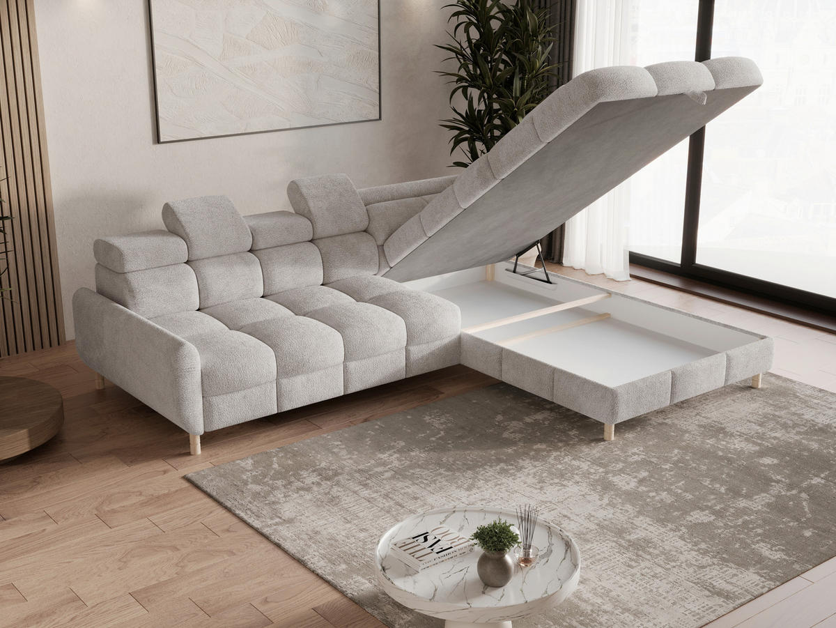 ECKSOFA BUN in Bouclé Hellgrau  - Elfenbein/Hellgrau, Design, Holz/Textil (276/209cm) - MID.YOU
