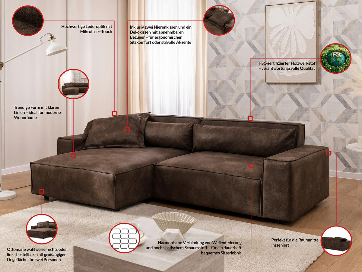ECKSOFA Curduroy in Lederlook Braun Rückenkissen  251/142 cm  - Schwarz/Braun, Design, Kunststoff/Textil (251/142cm) - P & B