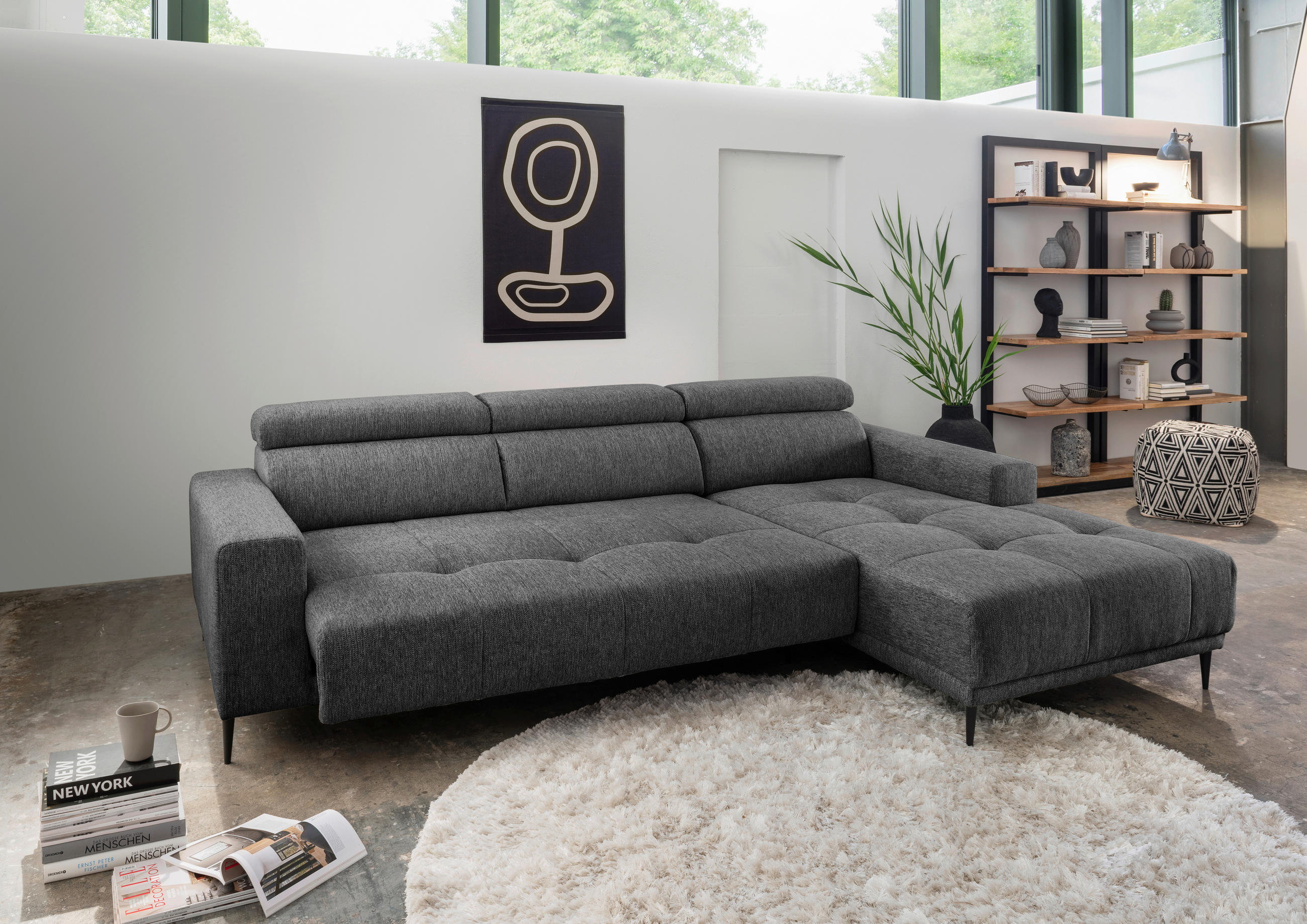 ECKSOFA Anthrazit Chenille  - Anthrazit/Schwarz, KONVENTIONELL, Textil/Metall (276/188cm) - Livetastic