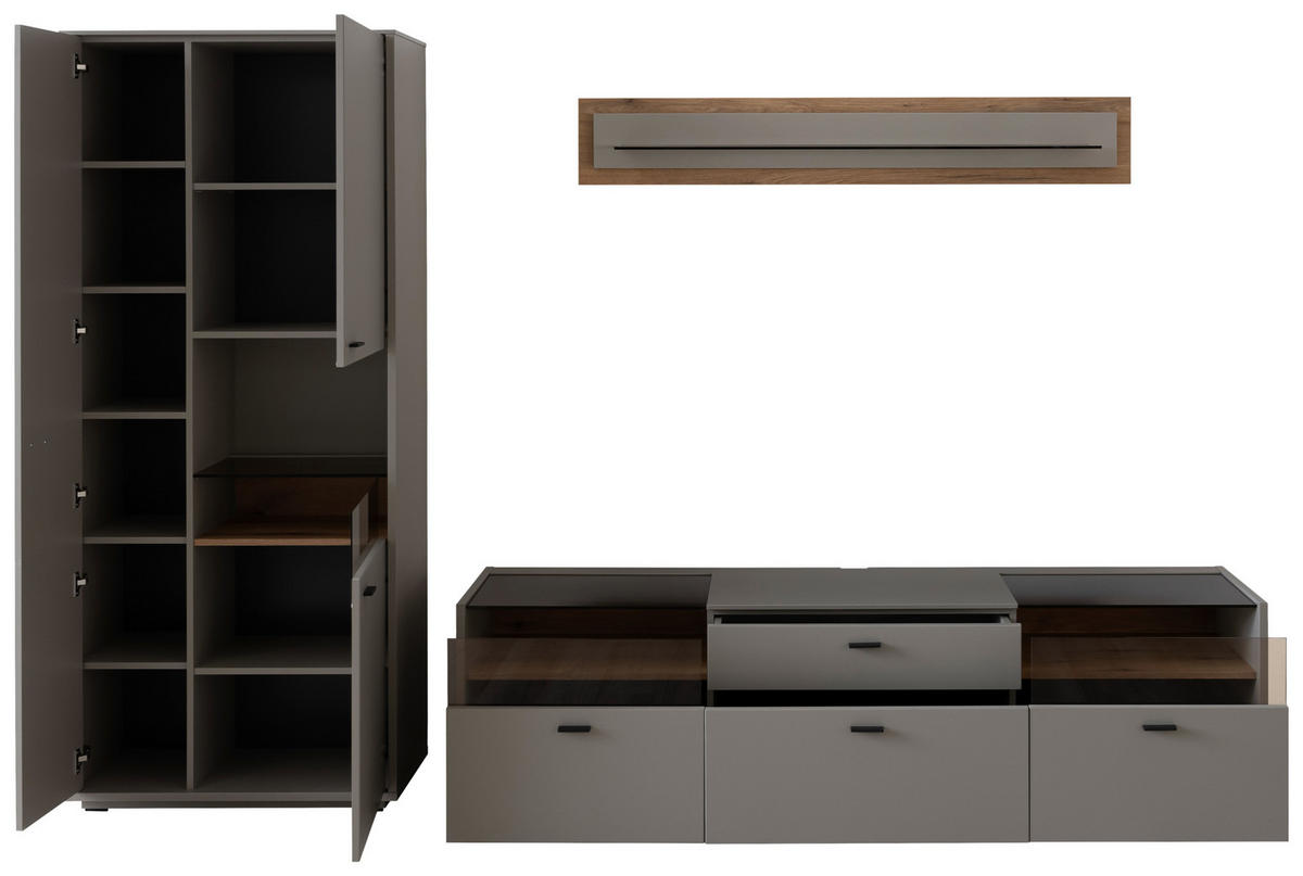 REGAL ZA DNEVNI BORAVAK siva, boje hrasta   - siva/boje hrasta, Design, staklo/drvni materijal (301/200/44cm) - Stylife