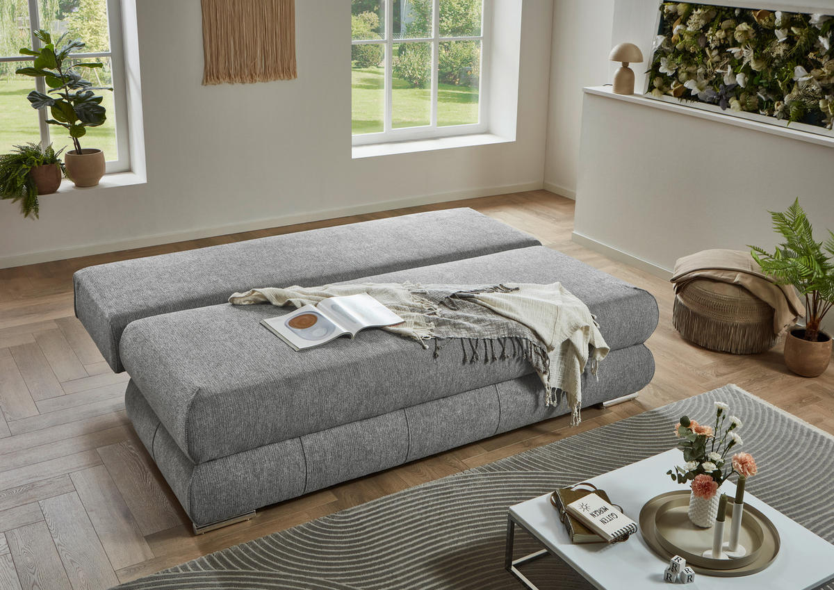 SCHLAFSOFA Webstoff Silberfarben  inkl. Rückenkissen, Armlehnenkissen, Bettkasten, Schlaffunktion, Rücken echt, Liegefläche im Originalstoff  - Edelstahlfarben/Silberfarben, KONVENTIONELL, Textil/Metall (199/95/97cm) - Carryhome