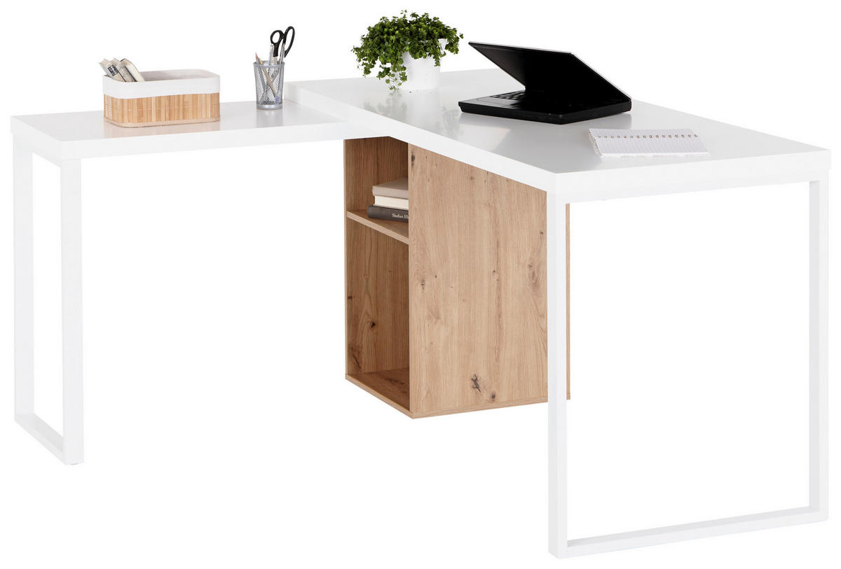 KOTNA PISALNA MIZA kovina, leseni material bela, barve hrasta  - barve hrasta/bela, Moderno, kovina/leseni material (140/60/75cm) - MID.YOU