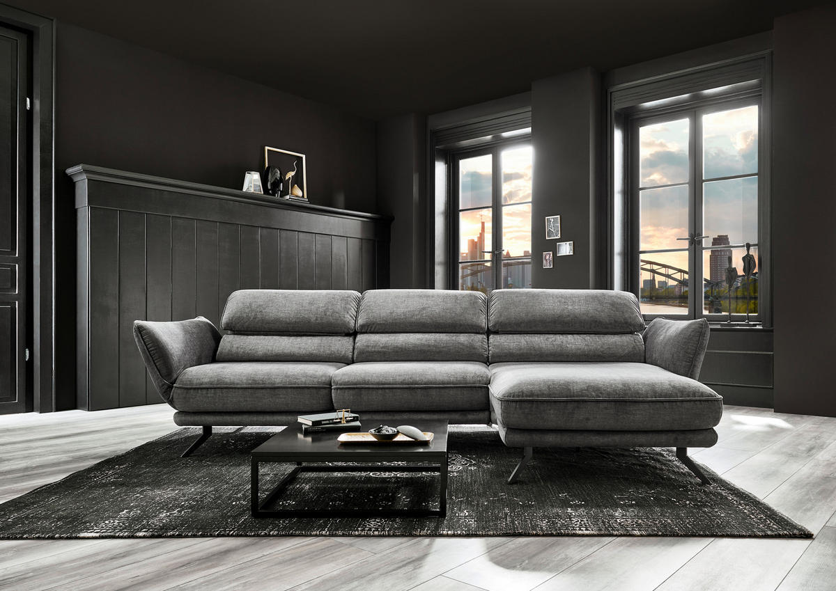 ECKSOFA in Velours Silberfarben  - Silberfarben/Schwarz, Design, Textil/Metall (283/153cm) - Valdera