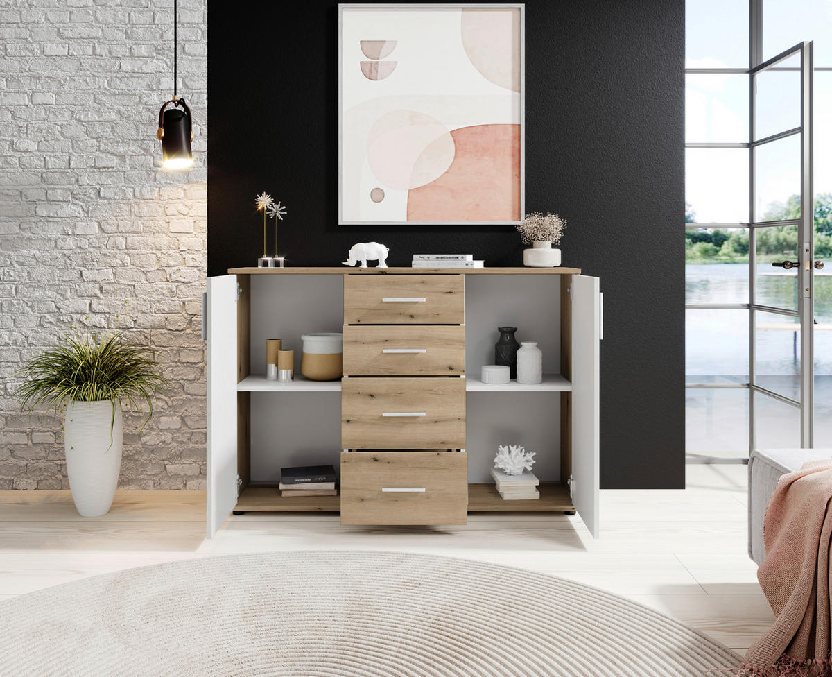 ŠIROKÁ KOMODA, bílá, barvy dubu, 120/84/35 cm - bílá/barvy stříbra, Design, kompozitní dřevo/plast (120/84/35cm) - MID.YOU