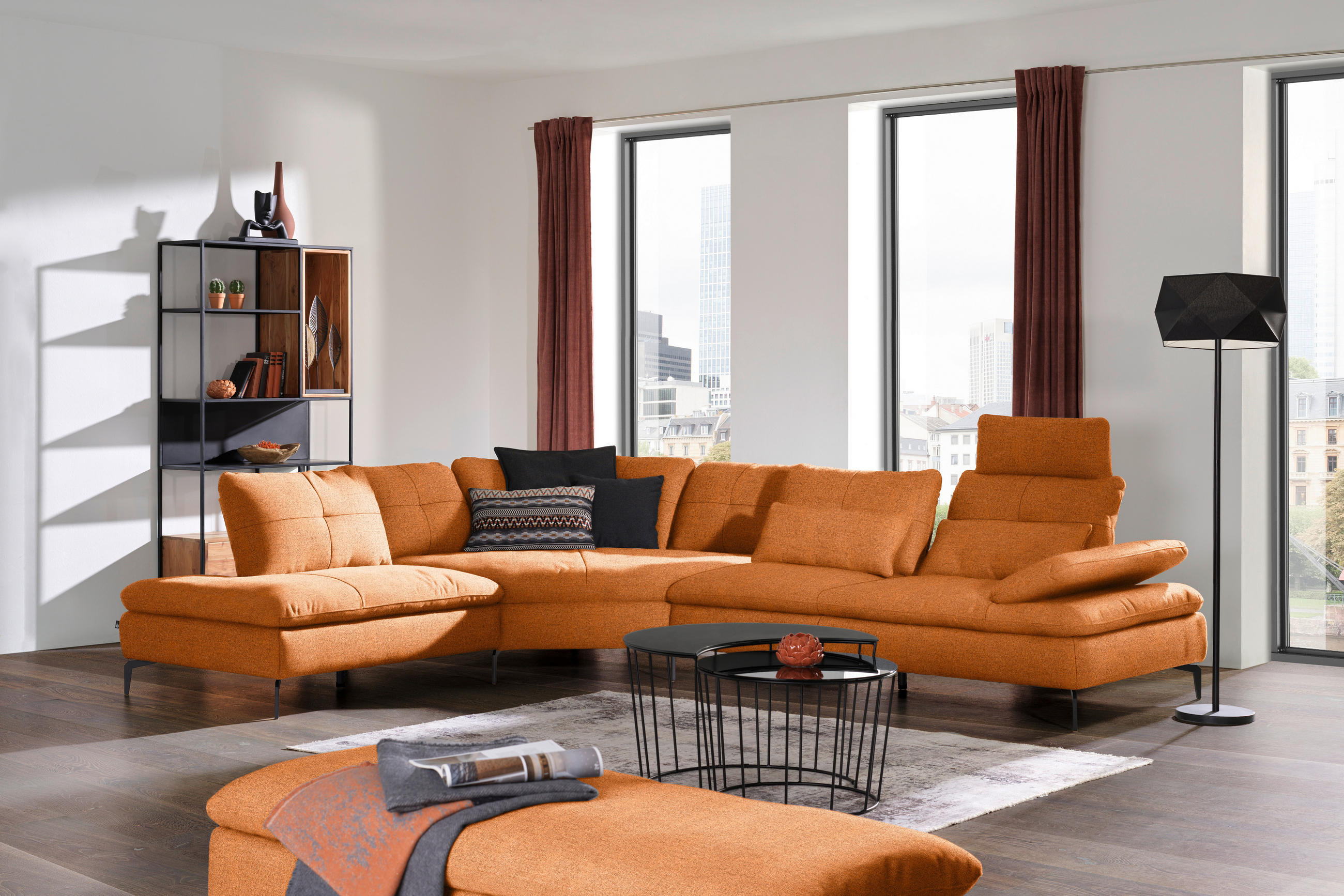 ECKSOFA in Flachgewebe Orange, Rostfarben  - Rostfarben/Schwarz, Design, Textil/Metall (271/344cm) - Chilliano