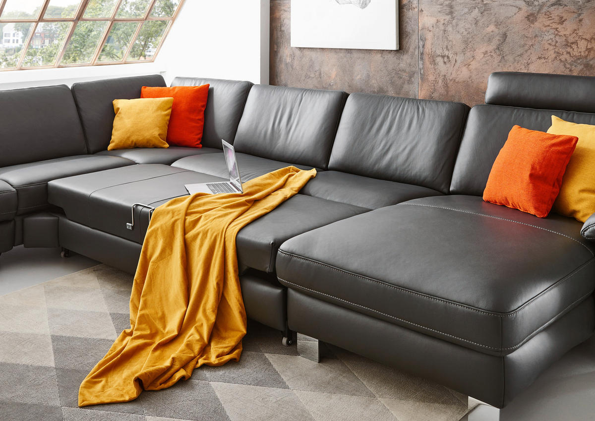 WOHNLANDSCHAFT  in Echtleder Schwarz  - Chromfarben/Schwarz, Design, Leder/Metall (364/272cm) - Valdera