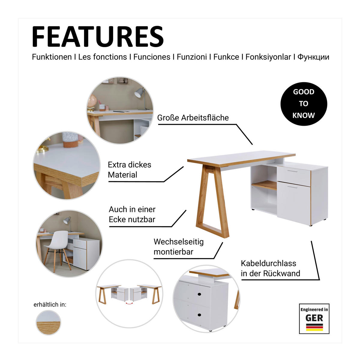 BUREAU D'ANGLE 120-130/55-95/76,2 cm  in Weiss, Eichefarben  - Weiss/Eichefarben, Modern, Holzwerkstoff/Metall (120-130/55-95/76,2cm) - Novel