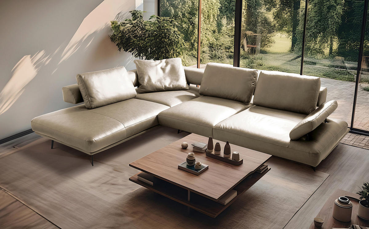 ECKSOFA Creme Echtleder  - Creme/Schwarz, Design, Leder/Metall (237/306cm) - Livetastic