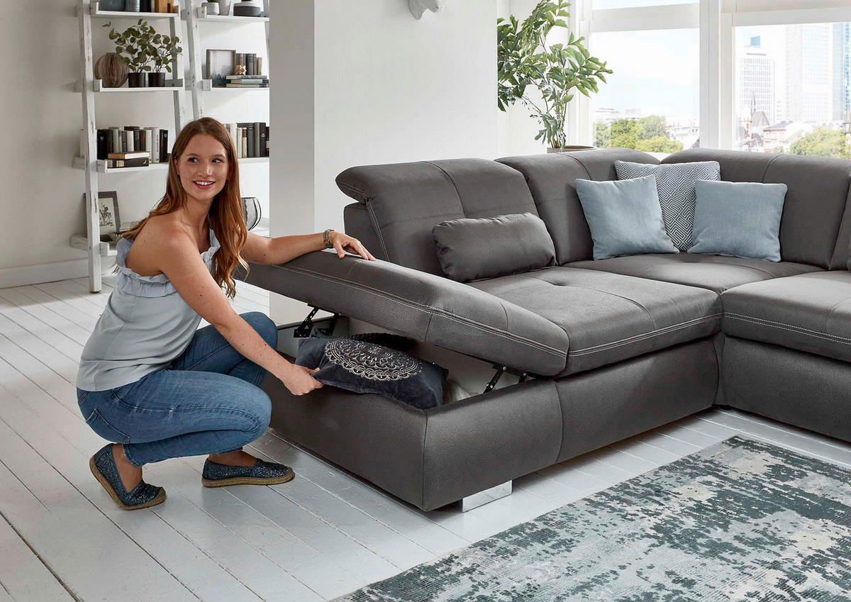 ECKSOFA Dunkelgrau Mikrofaser  - Dunkelgrau/Beige, Design, Textil/Metall (318/260cm) - Beldomo Speed