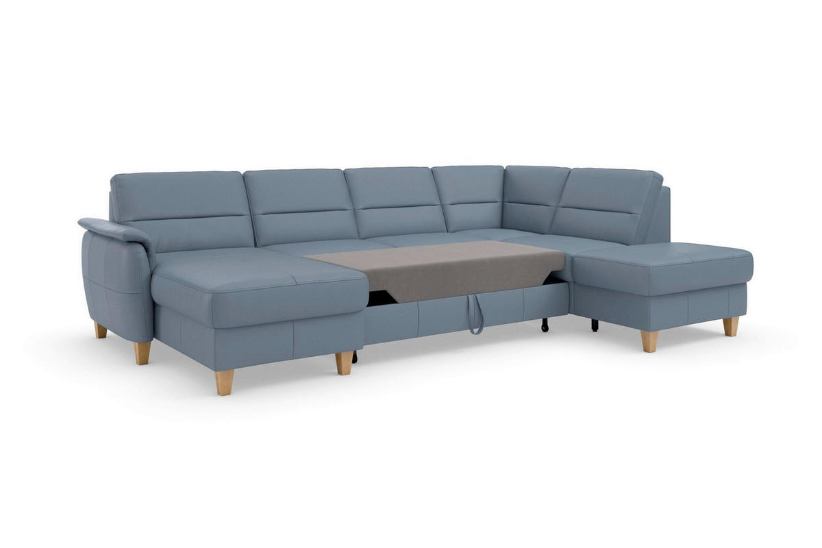 SEDACIA SÚPRAVA, textil, koža, sivomodrá - sivomodrá/farba duba, Basics, koža/drevo (163/308/212cm) - Sit & More