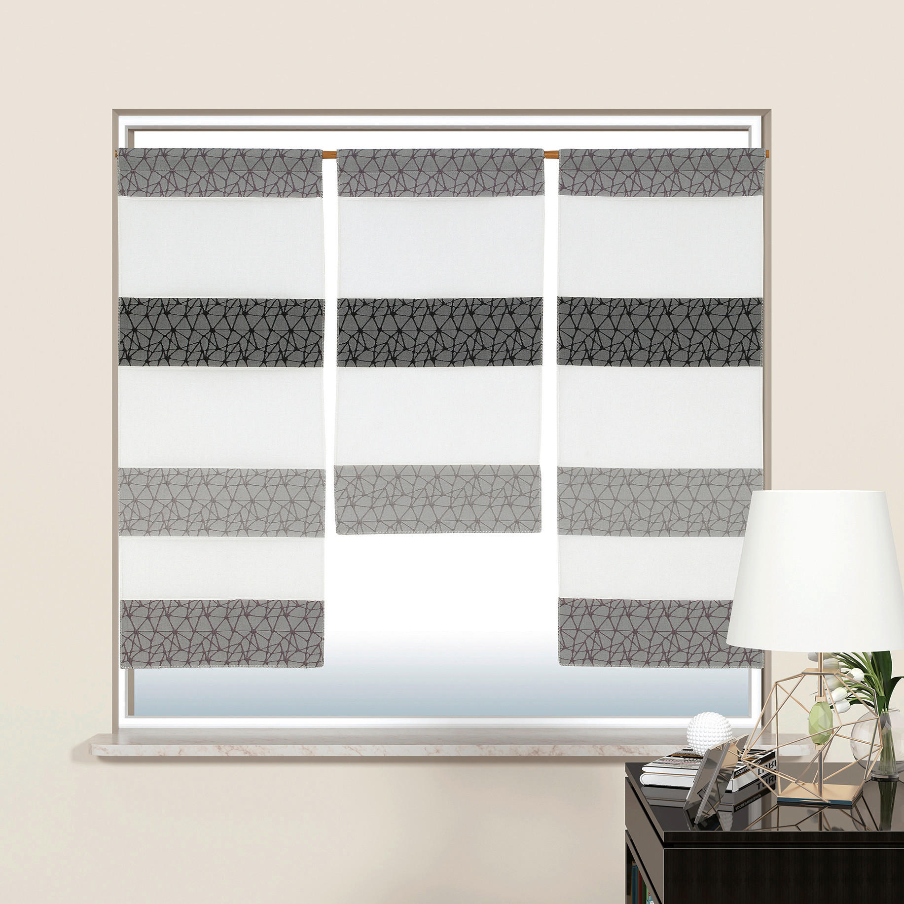 KURZGARDINE 3ER SET   90/80 cm   - Hellgrau/Weiß, Design, Textil (90/80cm)