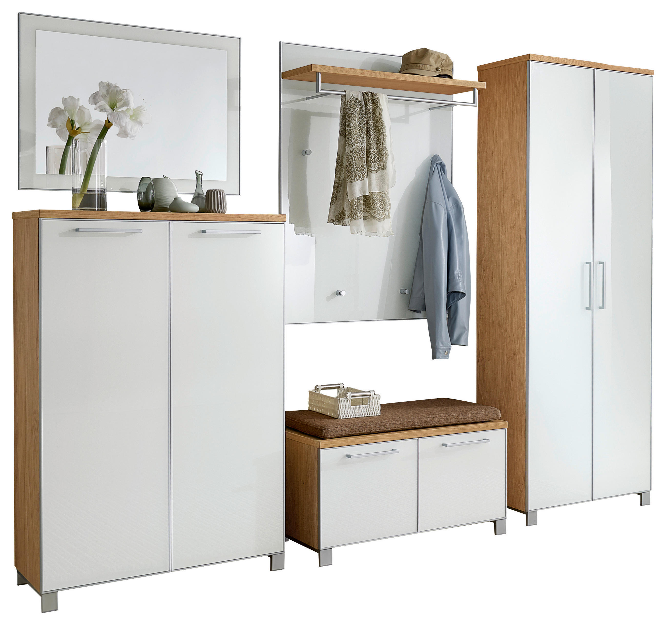 GARDEROBE 6-teilig 260/193/40 cm  - Hellbraun/Weiss, Design, Glas/Holz (260/193/40cm)