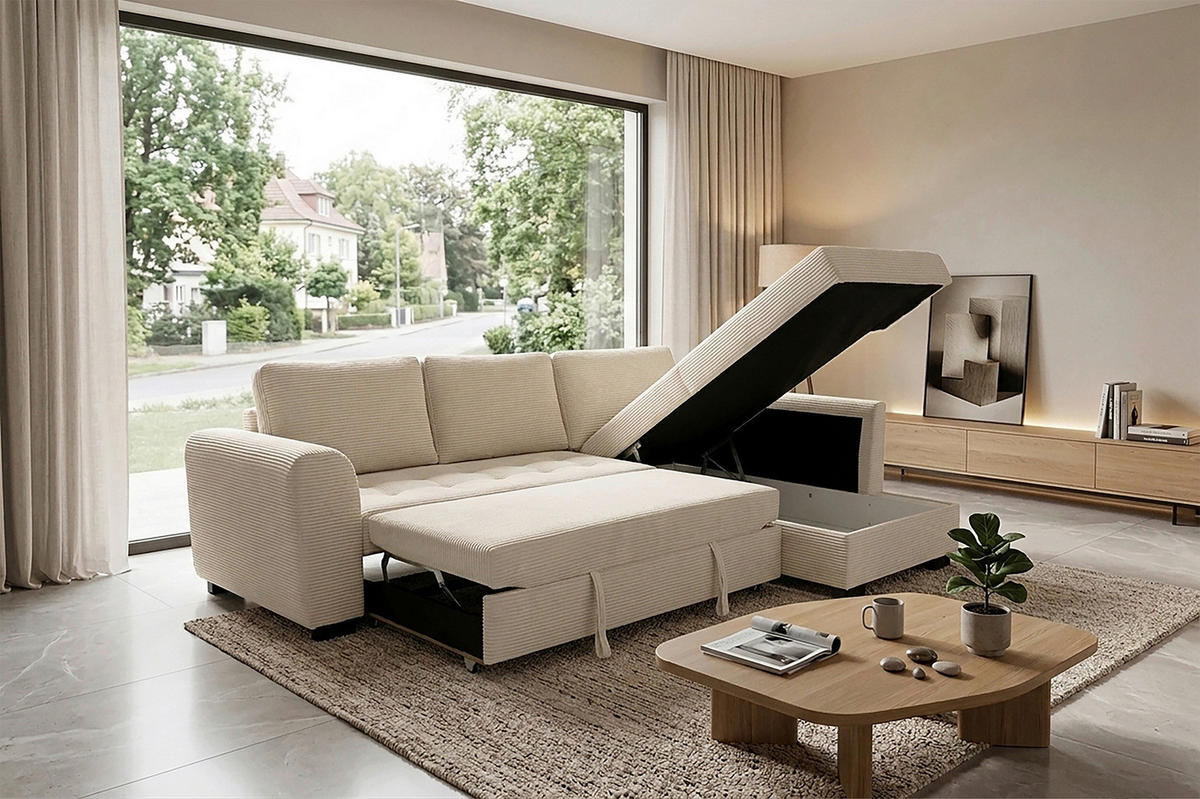 ECKSOFA JOHN Creme Cord Rückenkissen, Bettkasten, Liegefläche im Originalstoff  - Creme/Schwarz, Trend, Kunststoff/Textil (239/178cm) - P & B