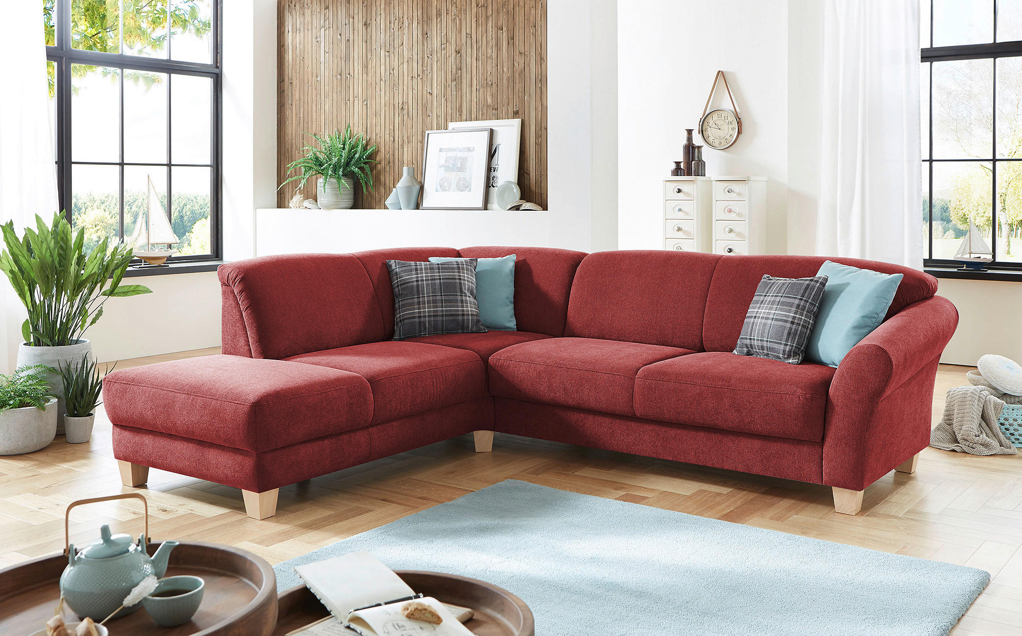 ECKSOFA Rot Flachgewebe Bettkasten, Sitztiefenverstellung  - Rot/Naturfarben, KONVENTIONELL, Holz/Textil (212/257cm) - Sit & More